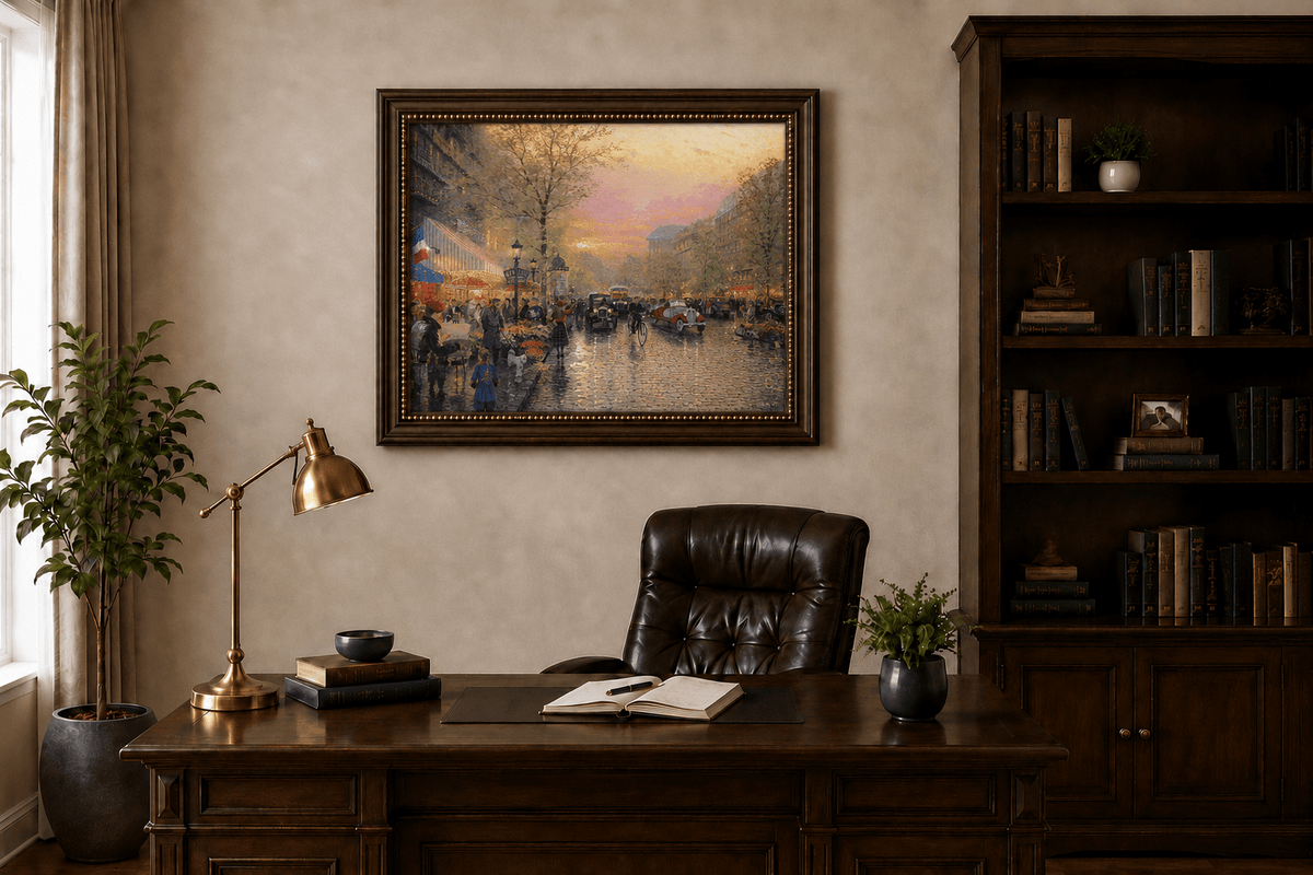 Peinture à l'huile de paysage - Rue parisienne au coucher du soleil avec voitures anciennes