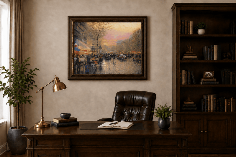 Peinture à l'huile de paysage - Rue parisienne au coucher du soleil avec voitures anciennes