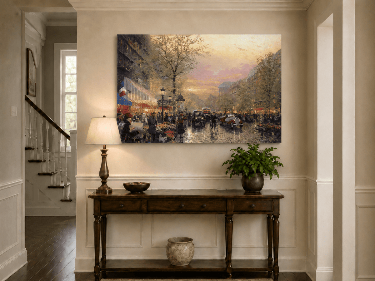 Peinture à l'huile de paysage - Rue parisienne au coucher du soleil avec voitures anciennes