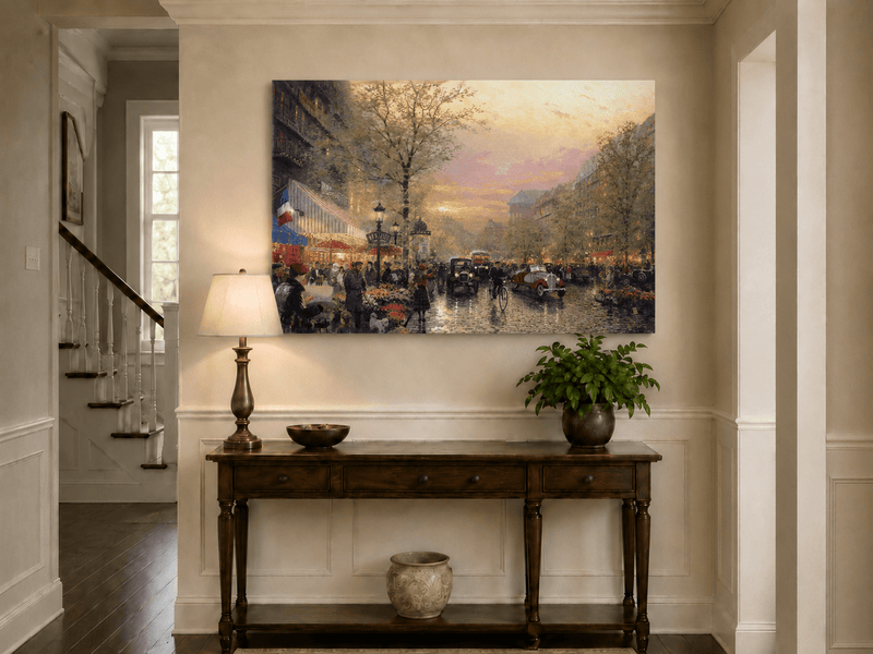 Peinture à l'huile de paysage - Rue parisienne au coucher du soleil avec voitures anciennes