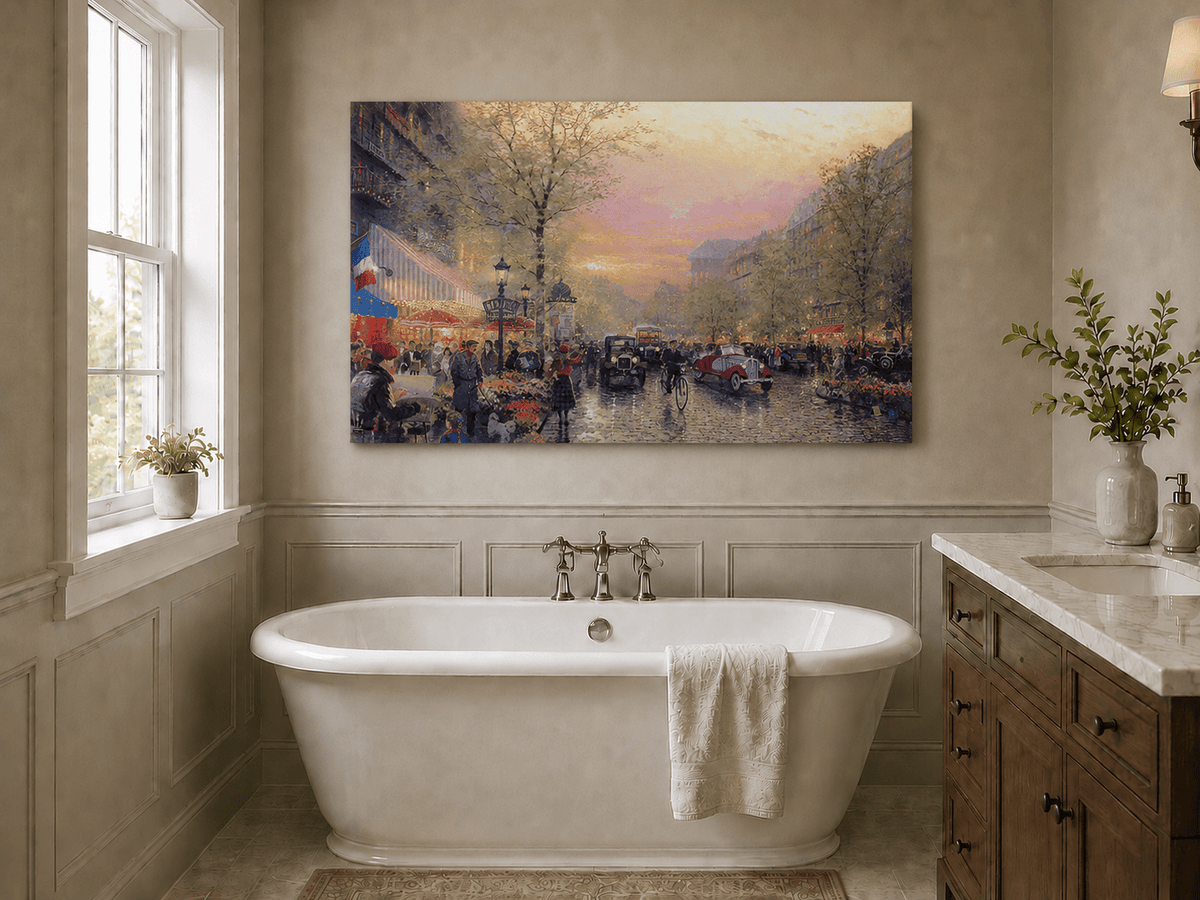 Peinture à l'huile de paysage - Rue parisienne au coucher du soleil avec voitures anciennes