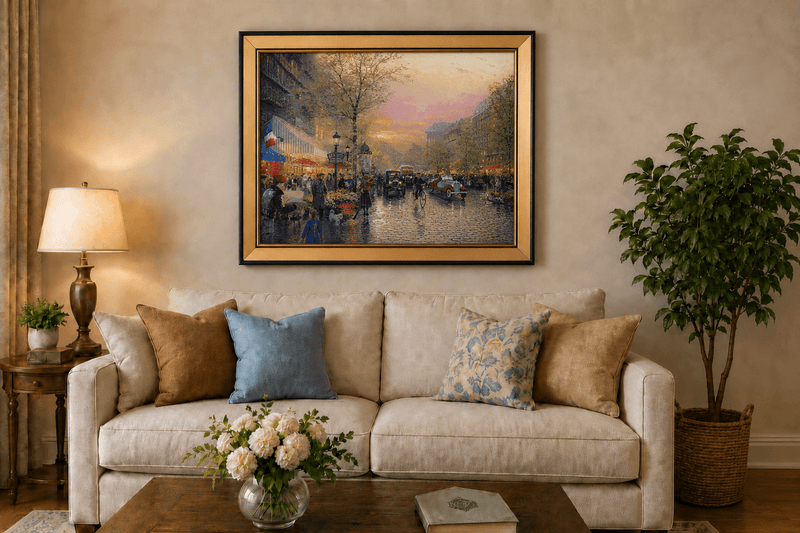Peinture à l'huile de paysage - Rue parisienne au coucher du soleil avec voitures anciennes