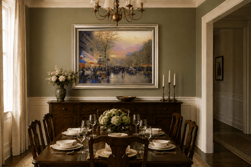 Peinture à l'huile de paysage - Rue parisienne au coucher du soleil avec voitures anciennes