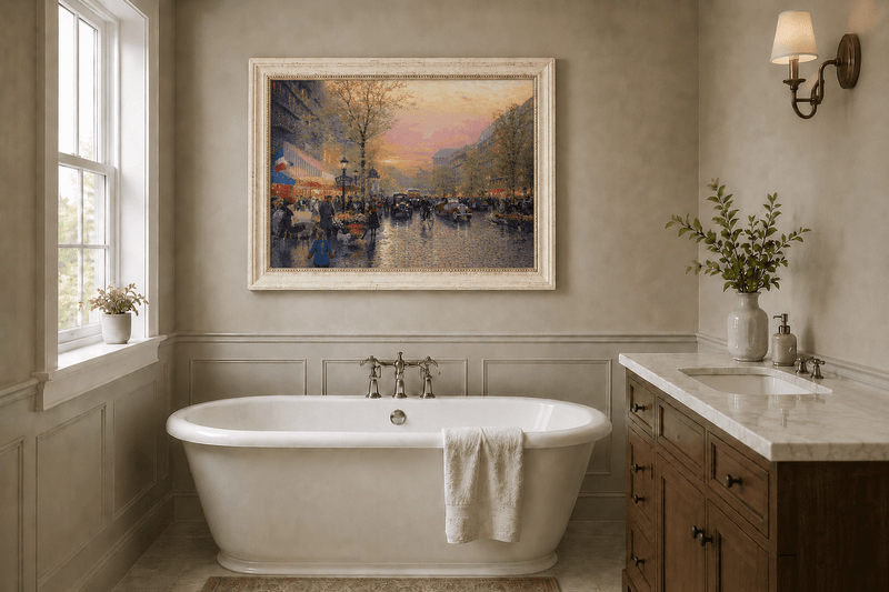 Peinture à l'huile de paysage - Rue parisienne au coucher du soleil avec voitures anciennes