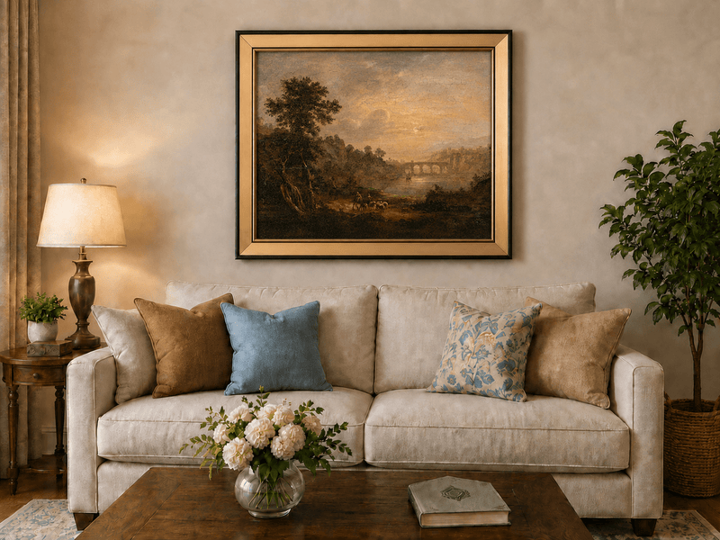 Sunset river bridge and shepherds landscape oil painting displayed in a styled home interior.