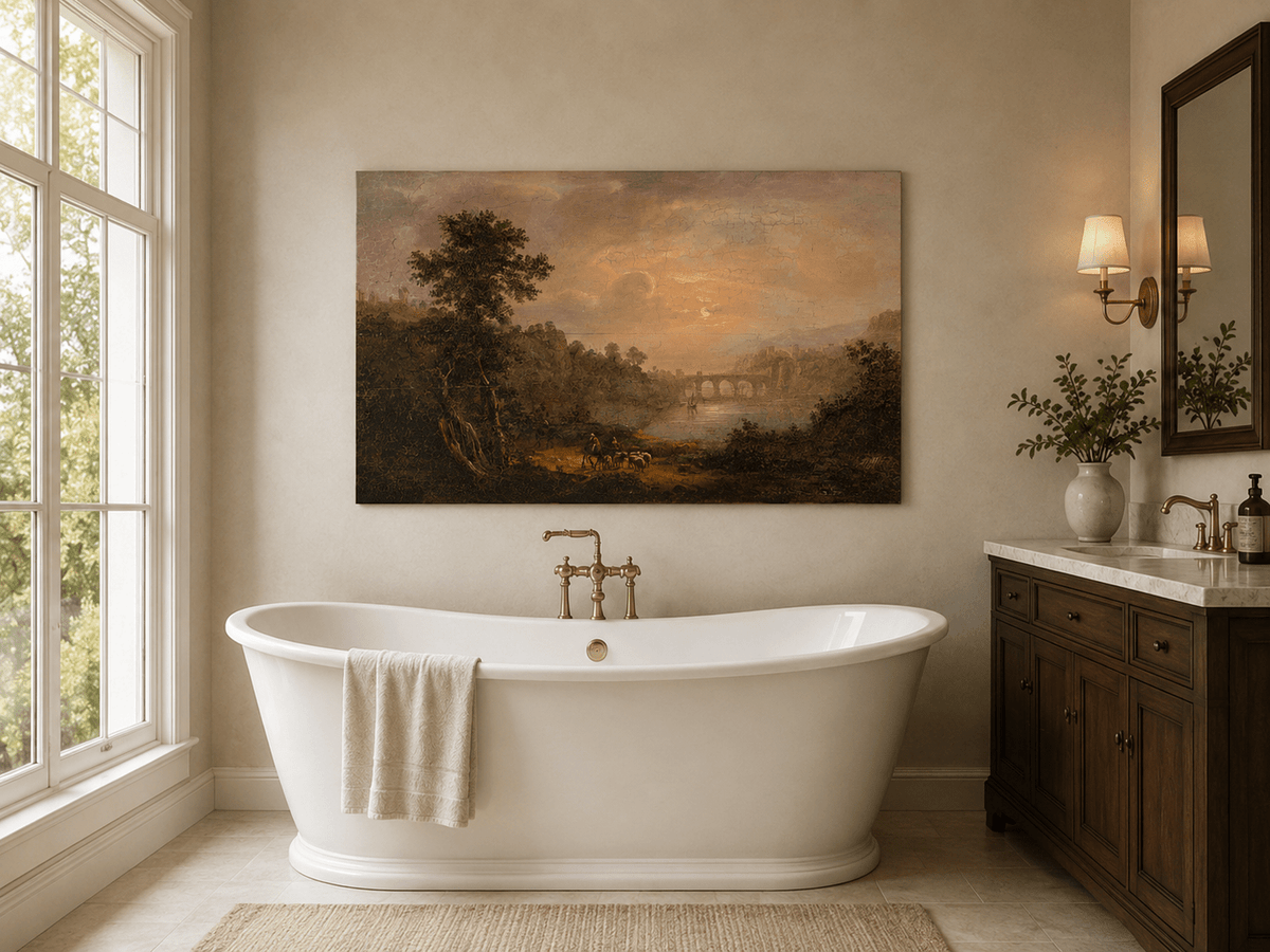 Sunset river bridge and shepherds landscape oil painting presented as styled home decor.