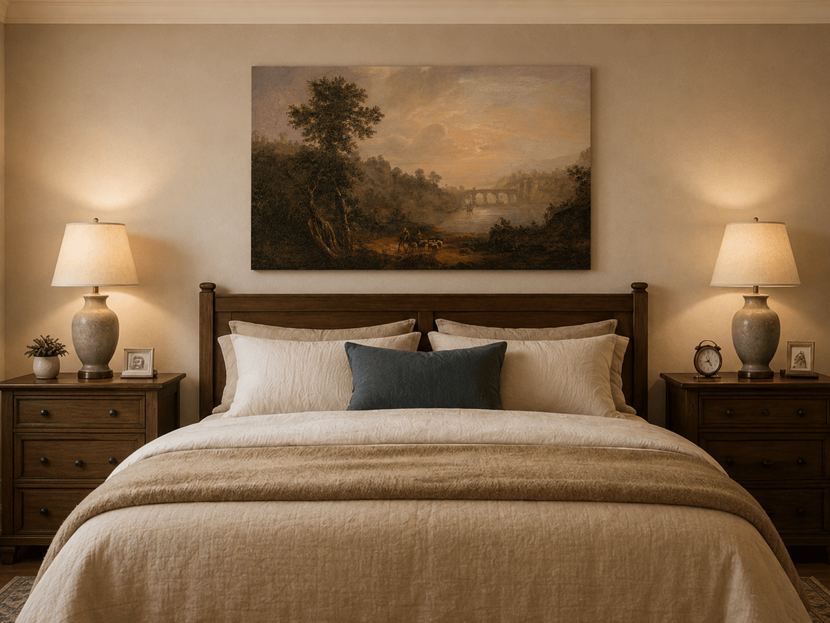 Sunset river bridge oil painting displayed as landscape wall decor.