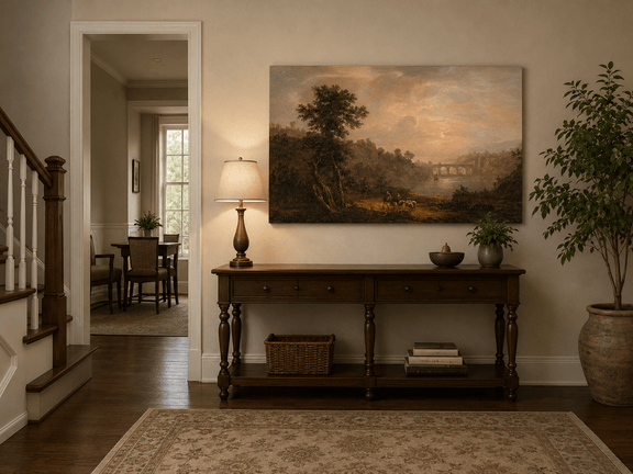 Sunset river landscape painting shown as decorative oil wall art.