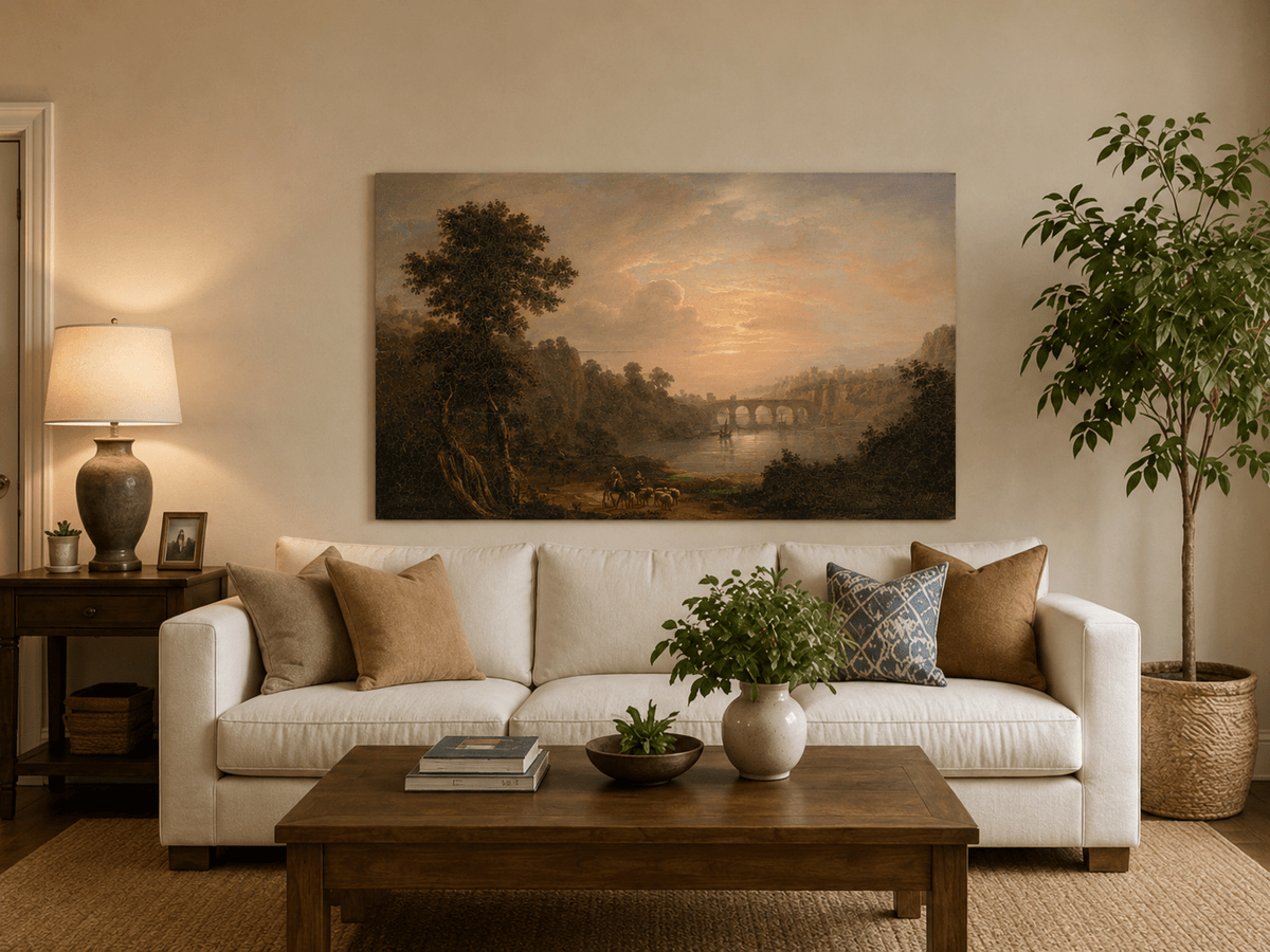 Sunset river bridge and shepherds hand-painted oil artwork displayed in a second interior view.