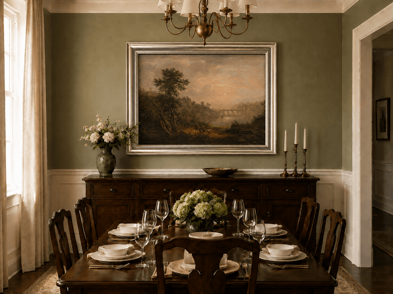 Sunset river bridge oil landscape artwork shown in a styled home interior.