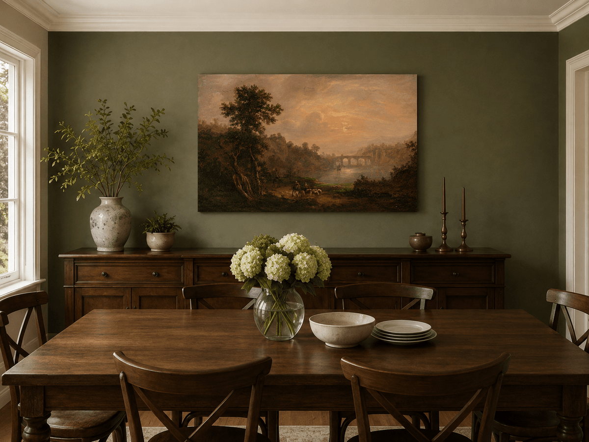 Hand-painted river bridge and shepherds landscape artwork in an interior display.