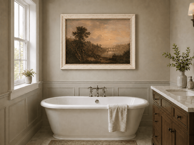 River bridge with shepherds landscape oil painting presented as interior home decor.