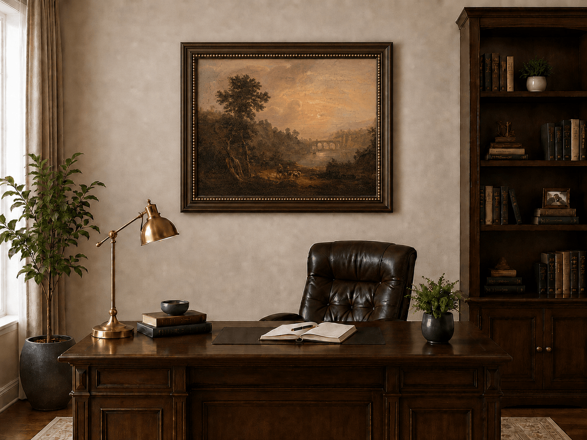 River bridge and shepherds at sunset landscape oil painting presented in an interior wall art mockup.
