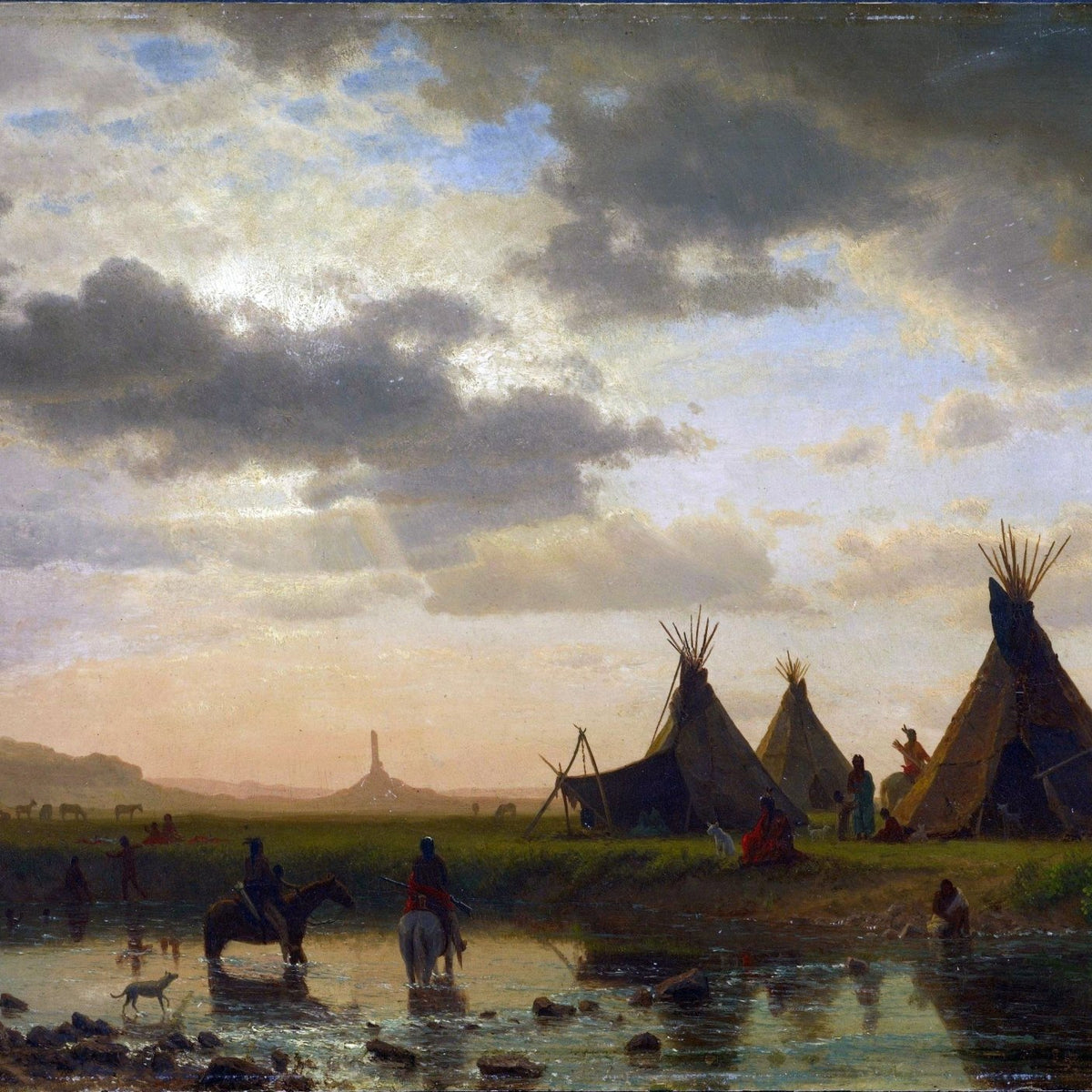Landscape Oil Painting - Sunset River Camp with Tipis and Riders