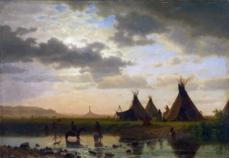 Landscape Oil Painting - Sunset River Camp with Tipis and Riders