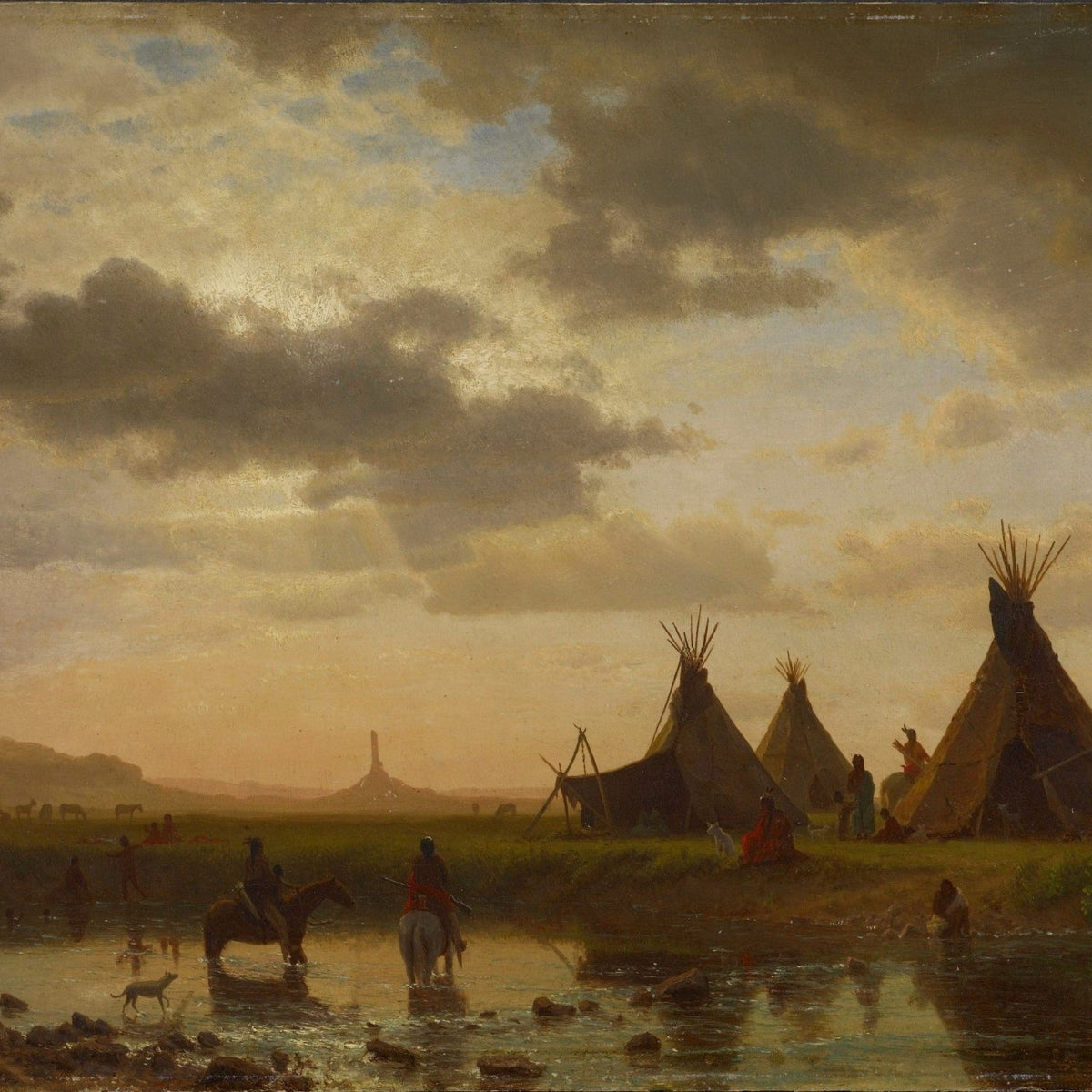 Hand-painted sunset river camp with tipis and riders landscape oil painting on canvas