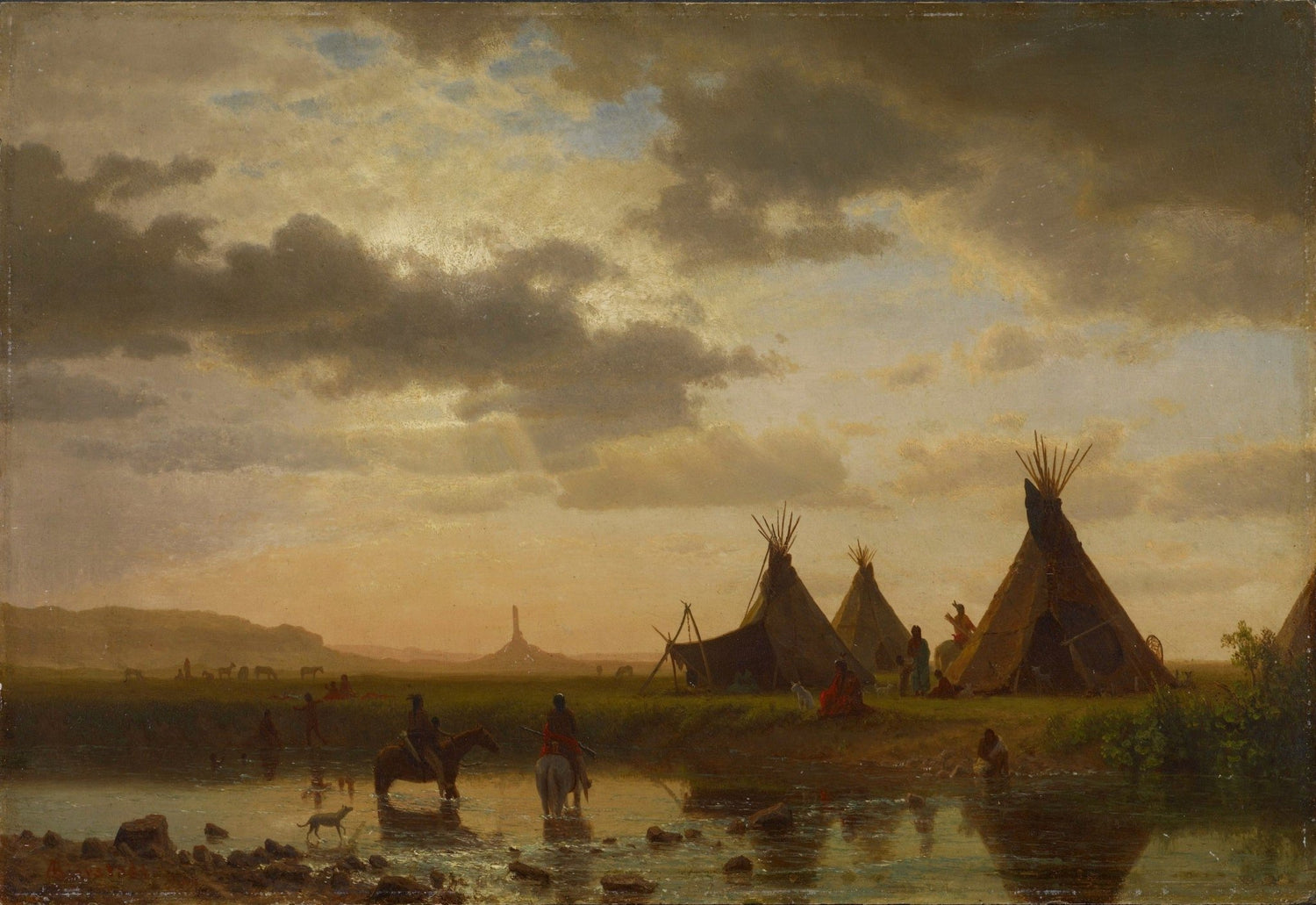 Hand-painted sunset river camp with tipis and riders landscape oil painting on canvas