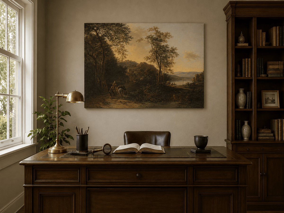 Interior wall art view featuring a sunset river path with travelers oil painting.