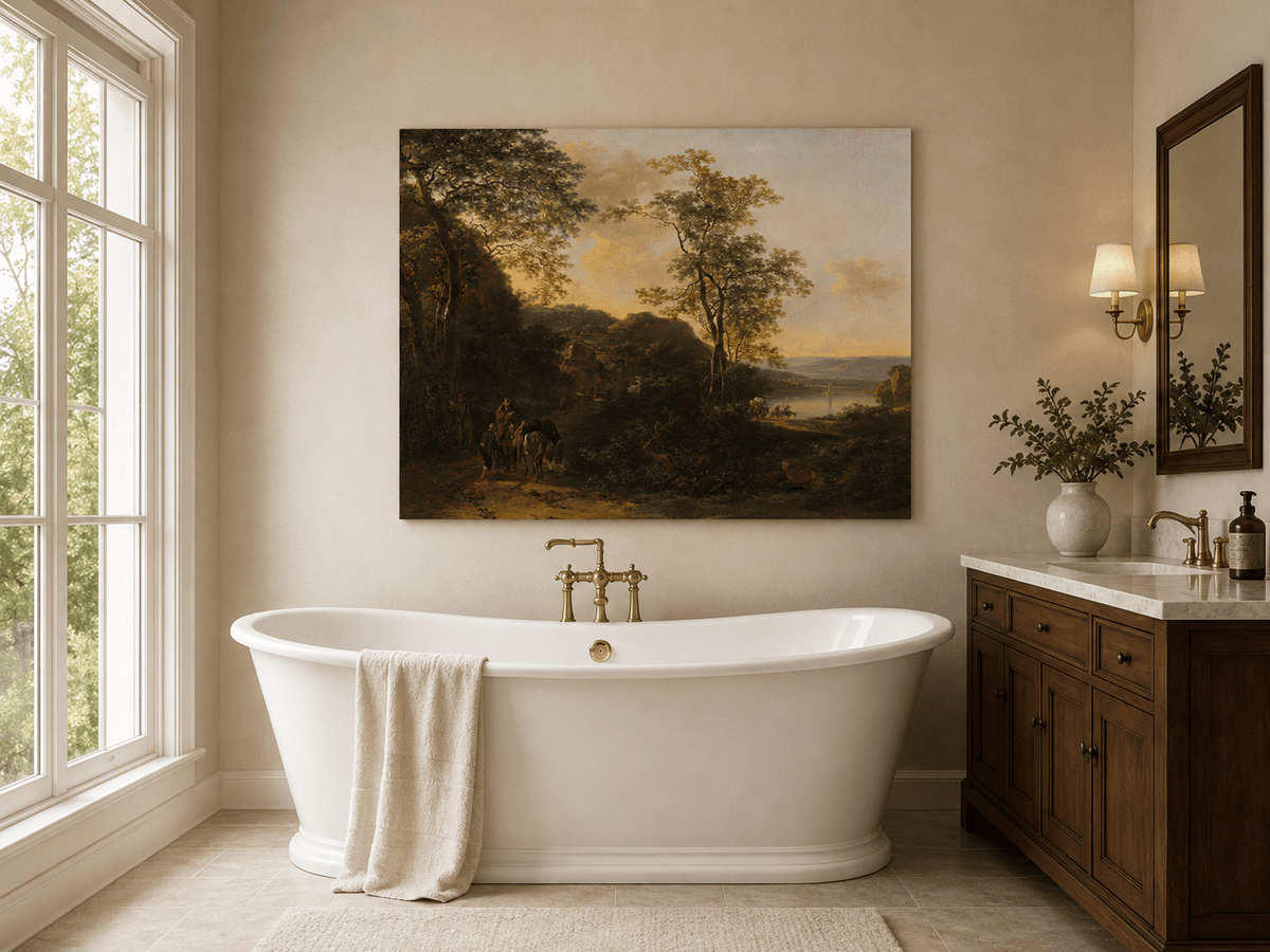Sunset river path with travelers landscape oil painting presented as styled home decor.