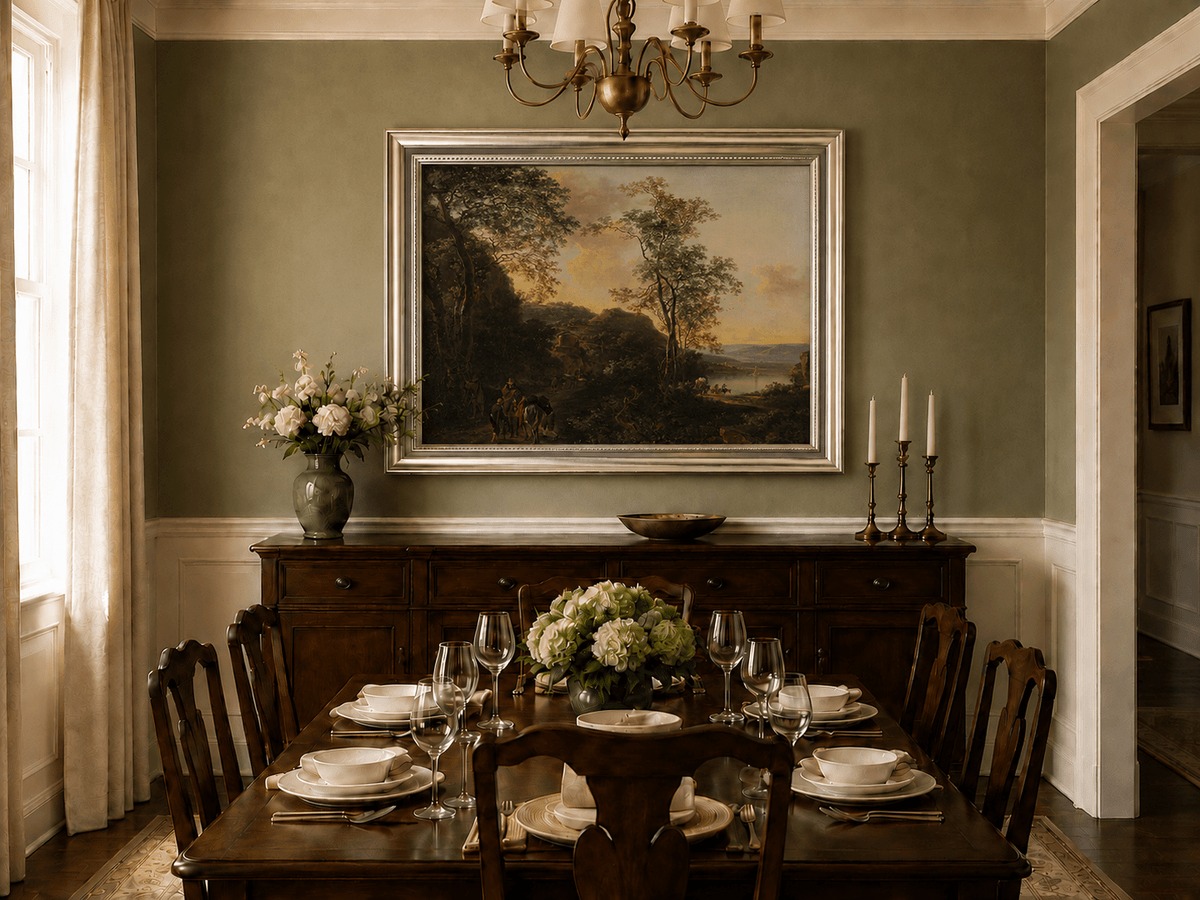 Sunset river and travelers oil landscape artwork shown in a styled home interior.