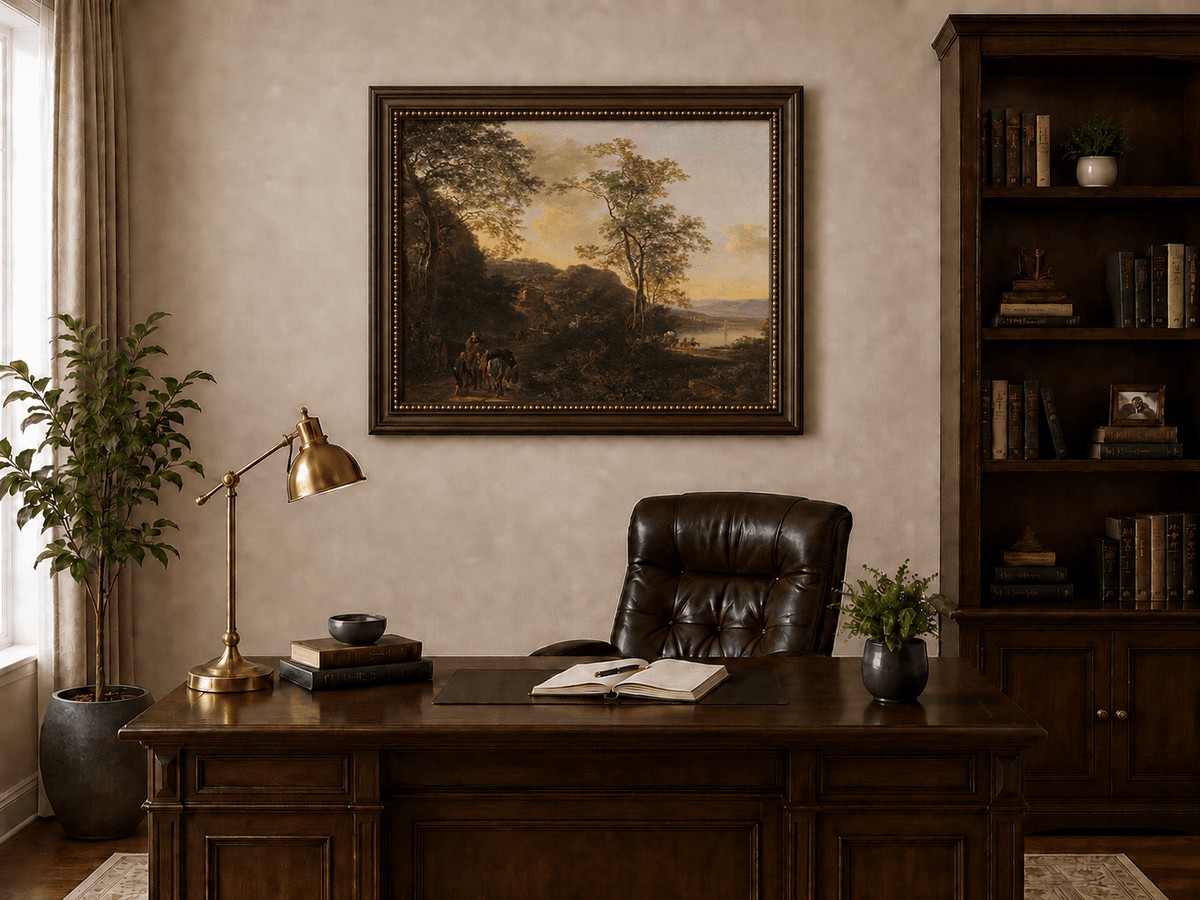 River path at sunset with travelers landscape oil painting presented in an interior wall art mockup.