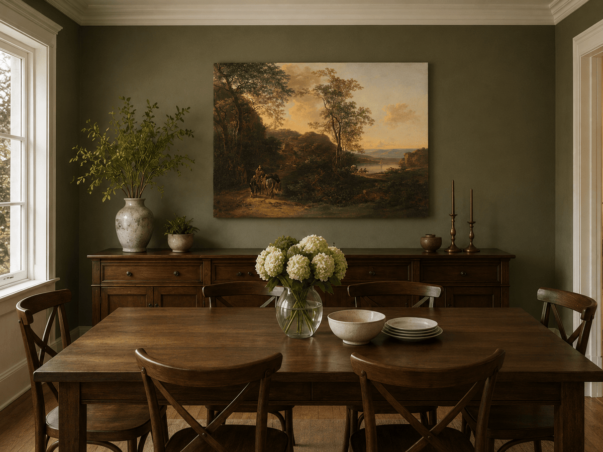 Hand-painted sunset river path and travelers landscape artwork in an interior display.