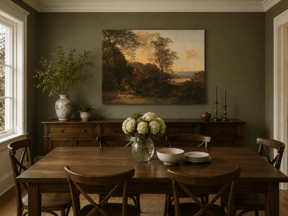 Hand-painted sunset river path and travelers landscape artwork in an interior display.