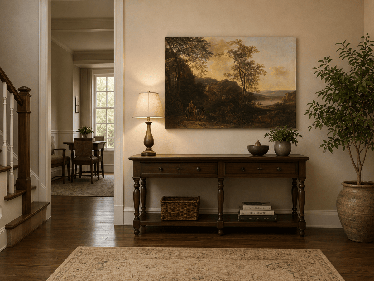 Sunset river landscape painting shown as decorative oil wall art.