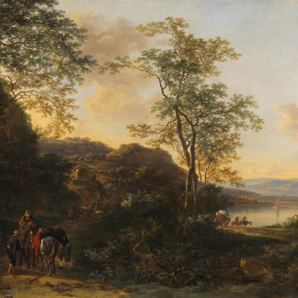Hand-painted sunset river path with travelers landscape oil painting on canvas