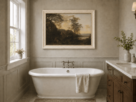 Sunset river path landscape oil painting presented as interior home decor.