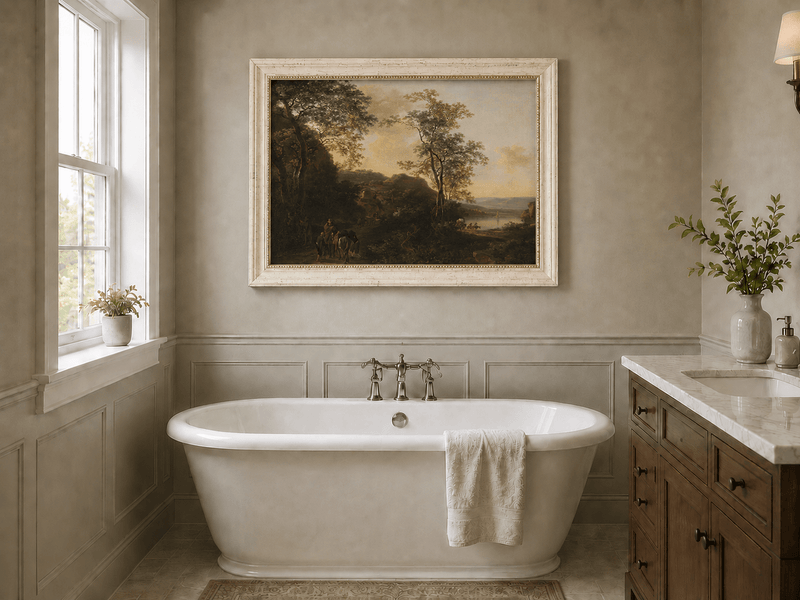 Sunset river path landscape oil painting presented as interior home decor.