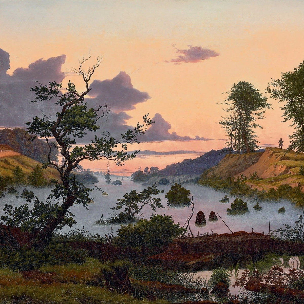 Landscape Oil Painting - Sunset River Valley, Lone Tree & Hill Figure - Oil Painting Haven