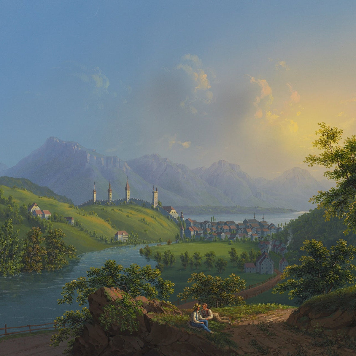 Hand-painted sunset river valley town and mountain view landscape oil painting on canvas
