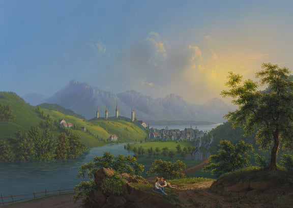 Hand-painted sunset river valley town and mountain view landscape oil painting on canvas