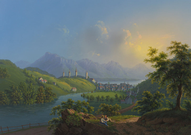 Hand-painted sunset river valley town and mountain view landscape oil painting on canvas