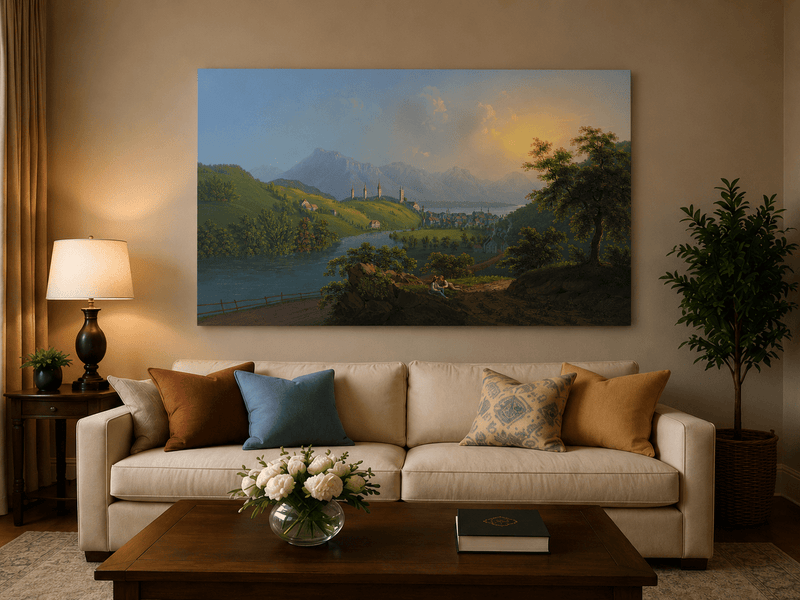 Landscape Oil Painting - Sunset River Valley Town & Mountain
