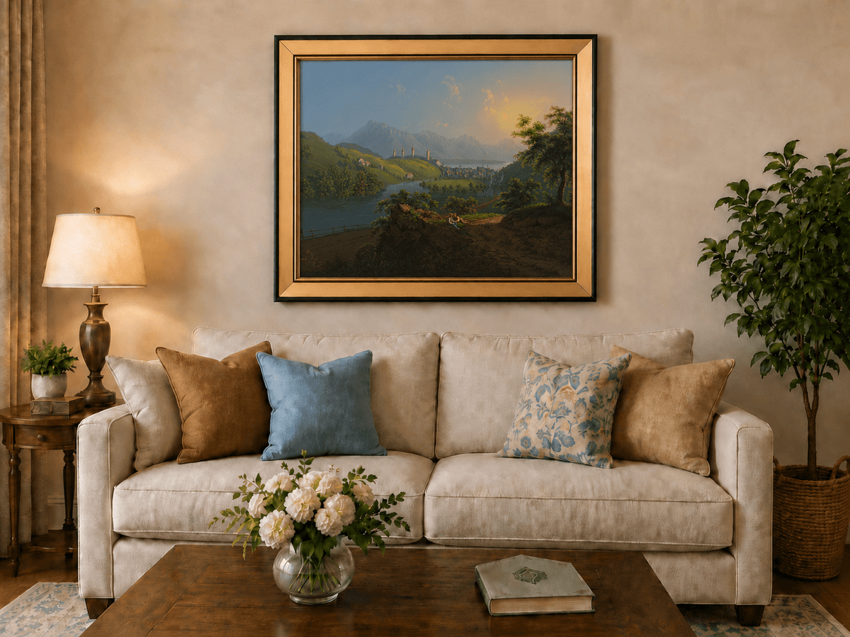 Landscape Oil Painting - Sunset River Valley Town & Mountain