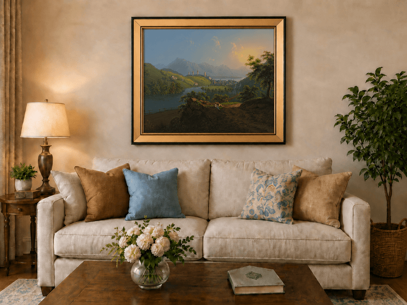 Landscape Oil Painting - Sunset River Valley Town & Mountain