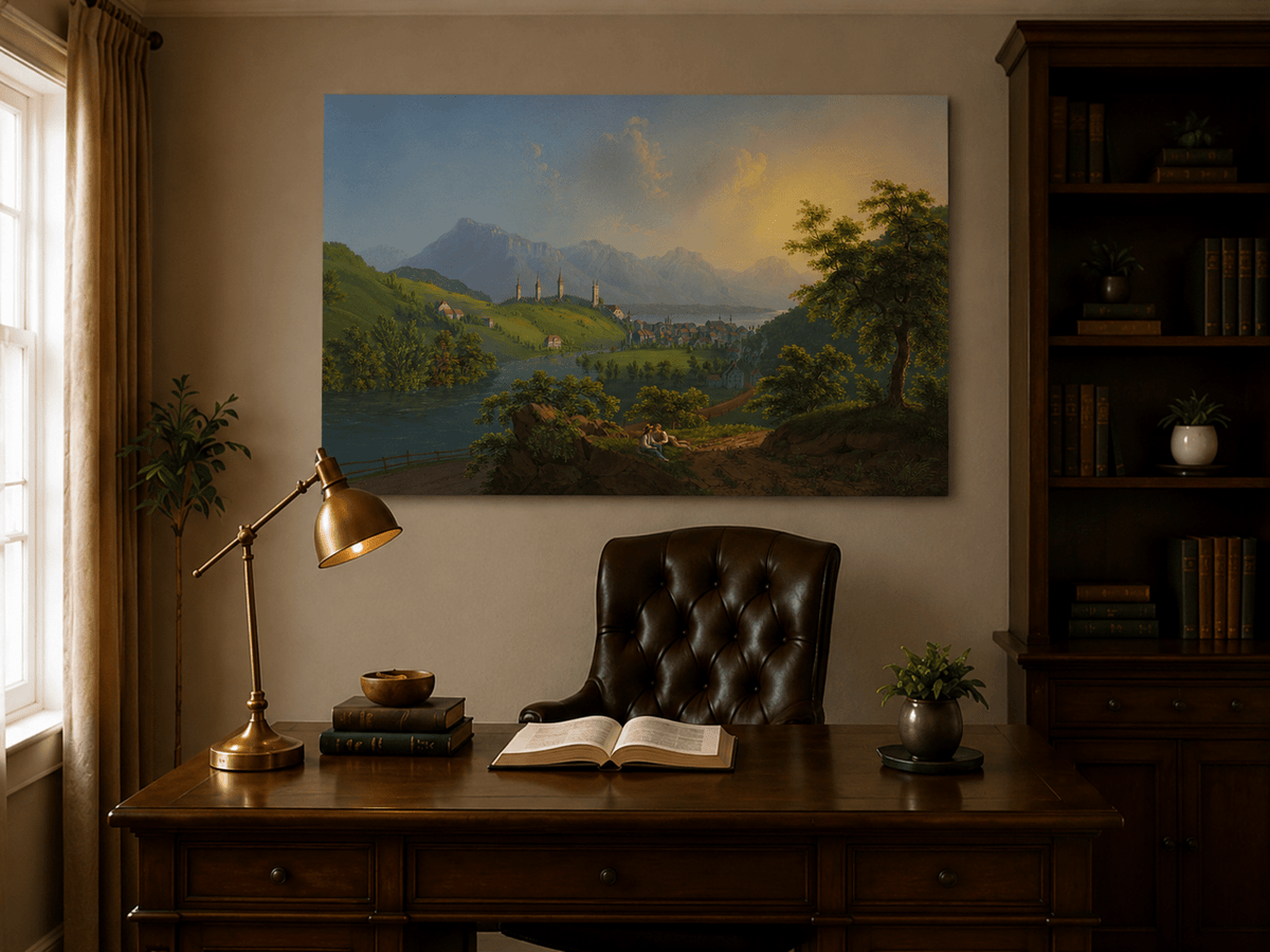 Landscape Oil Painting - Sunset River Valley Town & Mountain