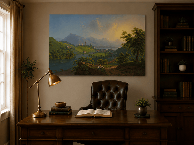 Landscape Oil Painting - Sunset River Valley Town & Mountain
