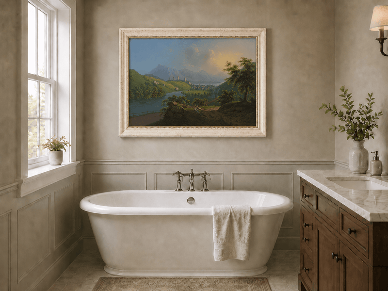 Landscape Oil Painting - Sunset River Valley Town & Mountain