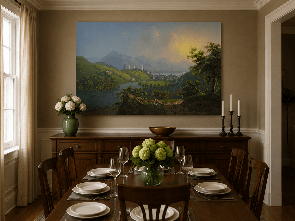 Landscape Oil Painting - Sunset River Valley Town & Mountain