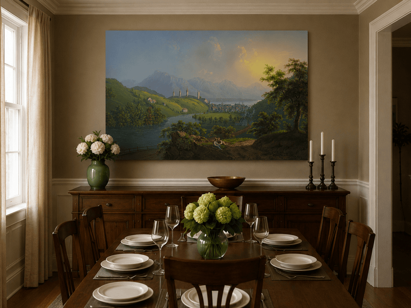 Landscape Oil Painting - Sunset River Valley Town & Mountain