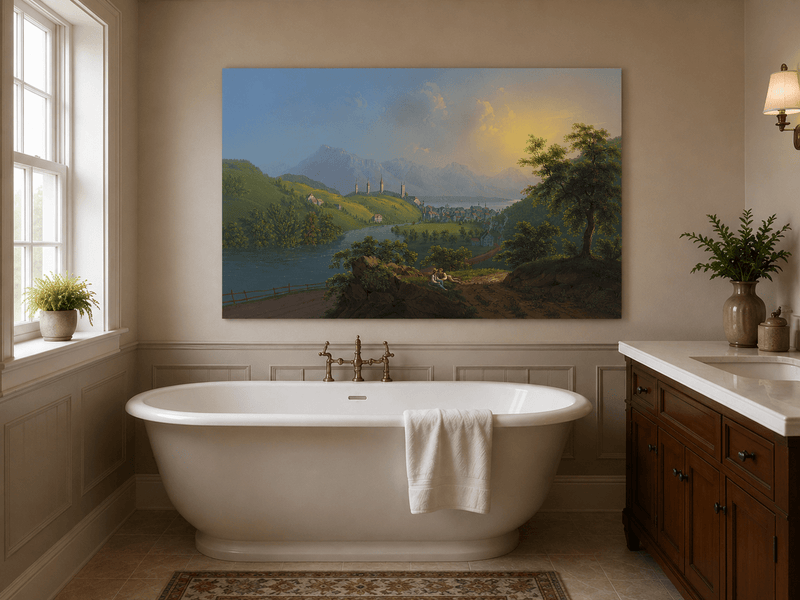 Landscape Oil Painting - Sunset River Valley Town & Mountain