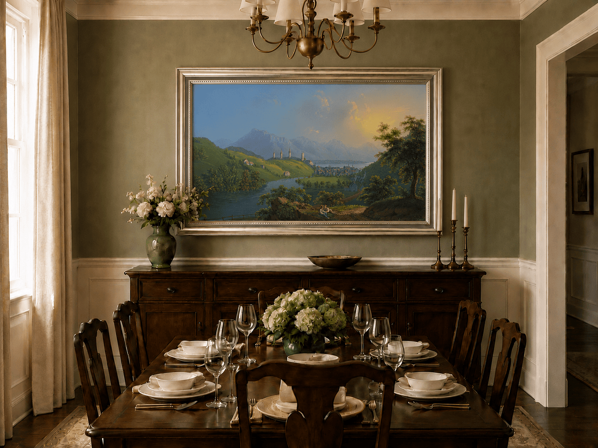 Landscape Oil Painting - Sunset River Valley Town & Mountain