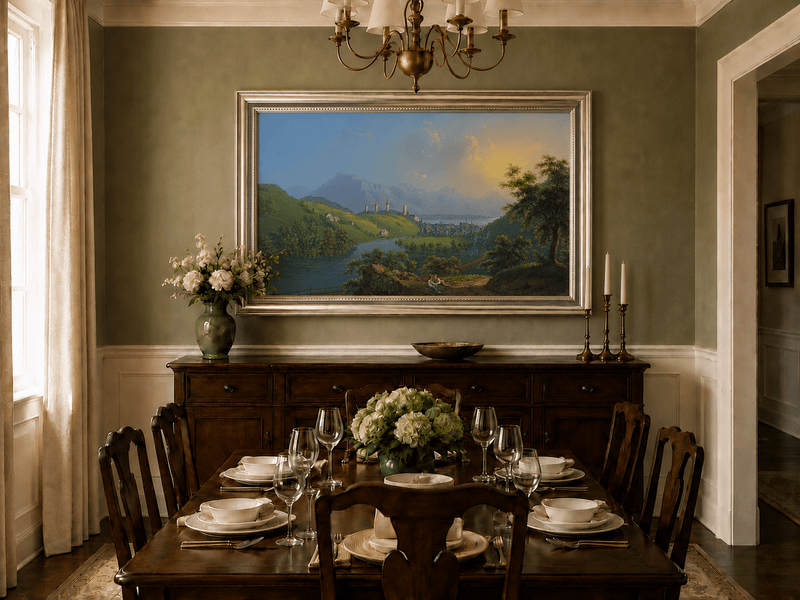 Landscape Oil Painting - Sunset River Valley Town & Mountain