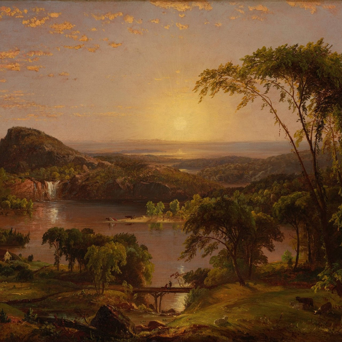 Landscape Oil Painting - Sunset River Valley with Waterfall - Oil Painting Haven