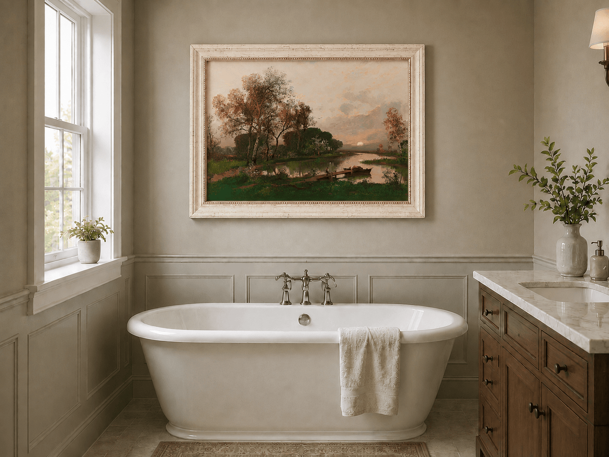 Peinture à l'huile de paysage - Village côtier avec phare et coucher de soleil