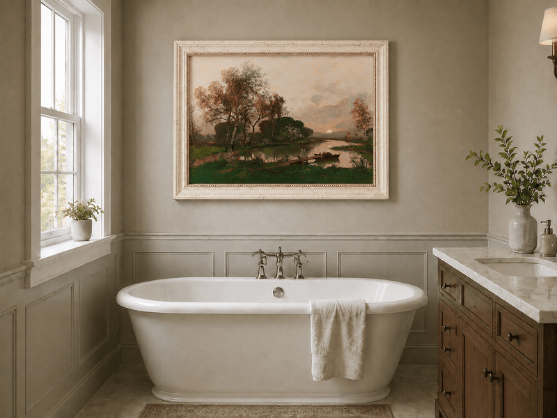 Peinture à l'huile de paysage - Village côtier avec phare et coucher de soleil