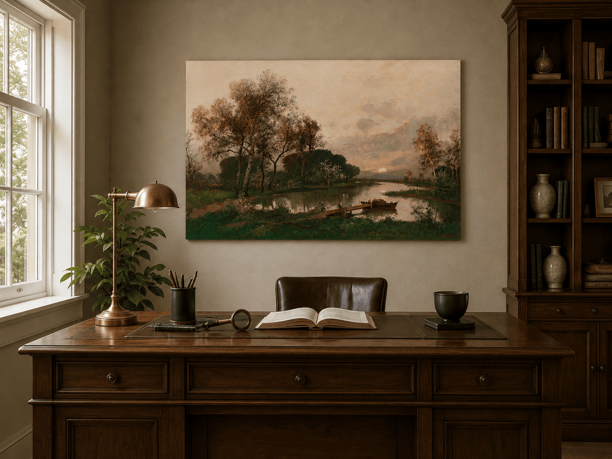 Peinture à l'huile de paysage - Village côtier avec phare et coucher de soleil